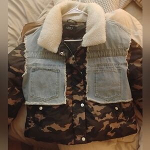 AKIRA Camo and Denim Kids Jacket with Sherpa Collar